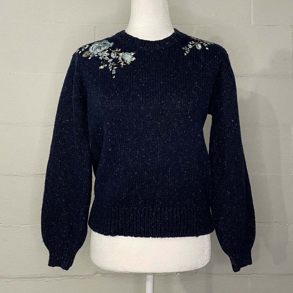 Abercrombie & Fitch Navy Crewneck Sweater with Floral Embroidery